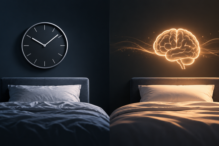 Due letti affiancati, un orologio e un cervello luminoso rappresentano la differenza tra durata del sonno e recupero.