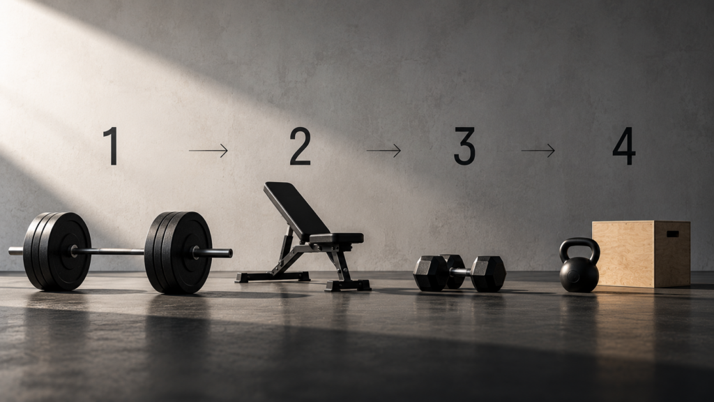Diversi esercizi disposti in sequenza per rappresentare come l’ordine degli esercizi può influenzare l’allenamento.