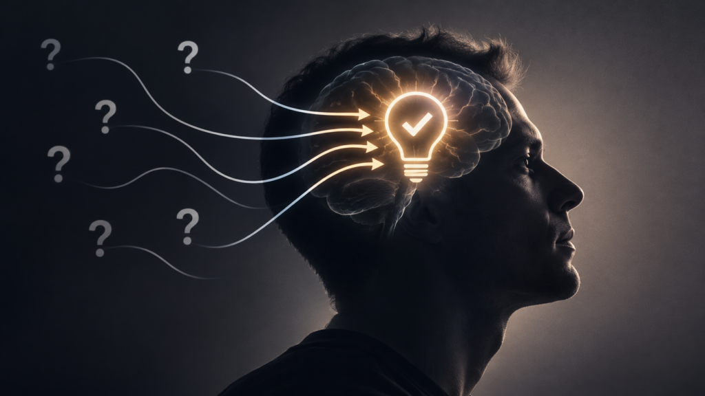 Profilo di un uomo con cervello illuminato che cerca una direzione chiara tra diverse possibilità.