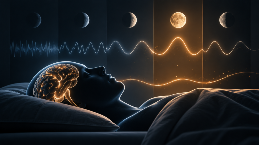 Illustrazione del cervello durante il sonno con onde cerebrali luminose che rappresentano l'attività neurologica notturna.