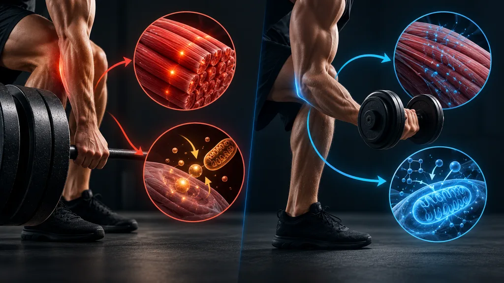 Confronto tra allenamento con bilanciere e manubrio, con dettagli delle fibre muscolari e dei processi energetici cellulari